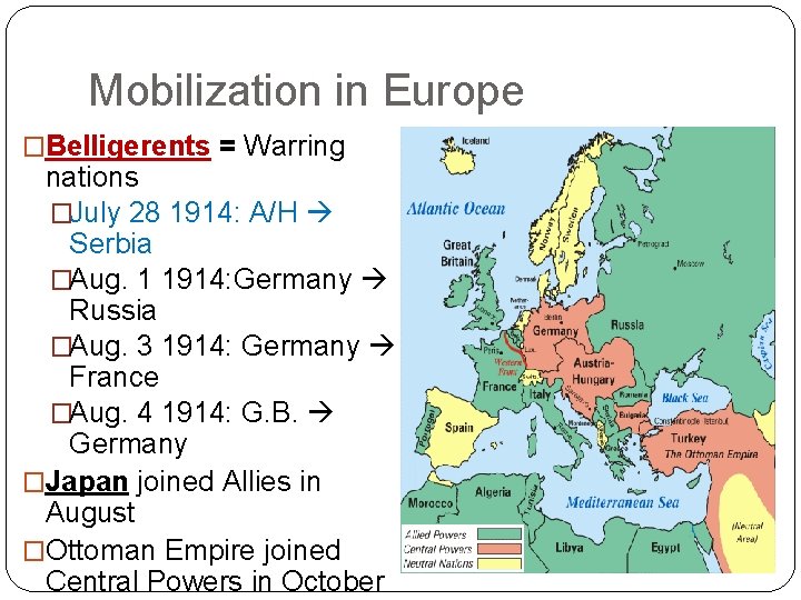 Mobilization in Europe �Belligerents = Warring nations �July 28 1914: A/H Serbia �Aug. 1