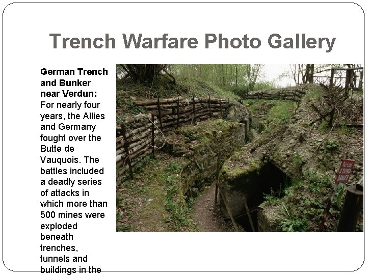 Trench Warfare Photo Gallery German Trench and Bunker near Verdun: For nearly four years,