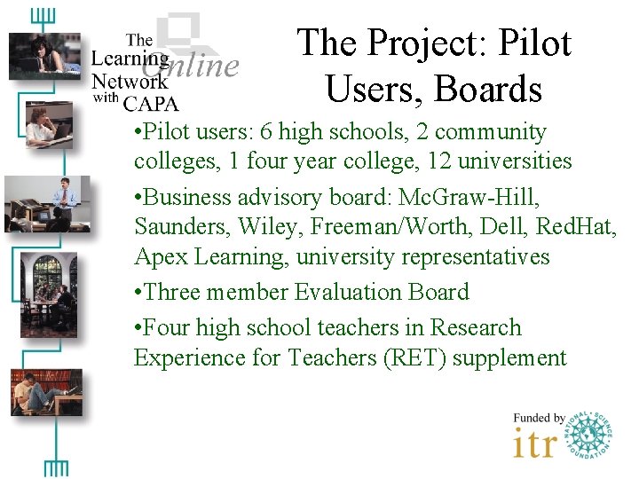 The Project: Pilot Users, Boards • Pilot users: 6 high schools, 2 community colleges,