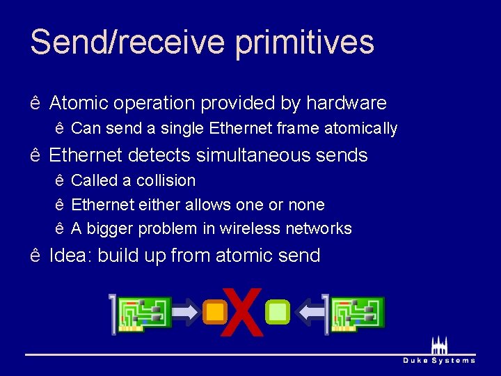 Send/receive primitives ê Atomic operation provided by hardware ê Can send a single Ethernet