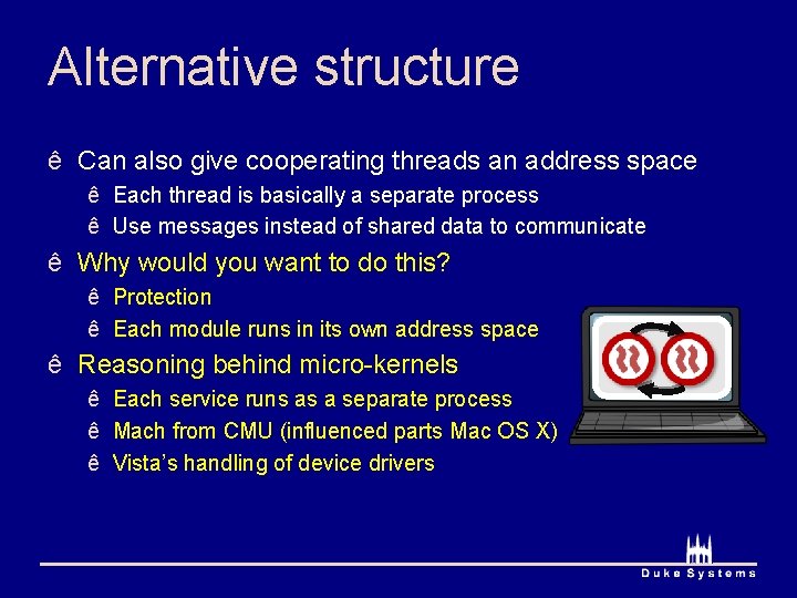 Alternative structure ê Can also give cooperating threads an address space ê Each thread