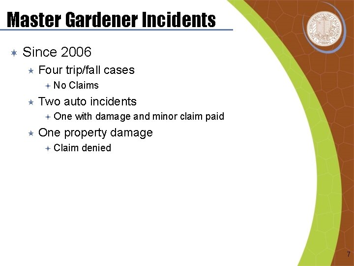 Master Gardener Incidents ¬ Since 2006 « Four trip/fall cases ª No « Claims