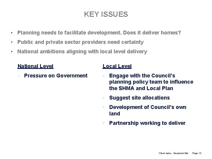 KEY ISSUES • Planning needs to facilitate development. Does it deliver homes? • Public