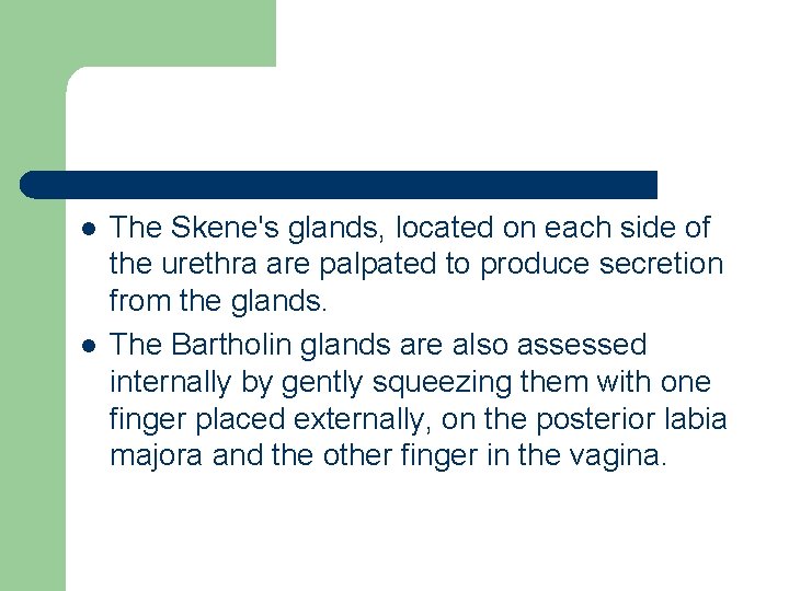 l l The Skene's glands, located on each side of the urethra are palpated