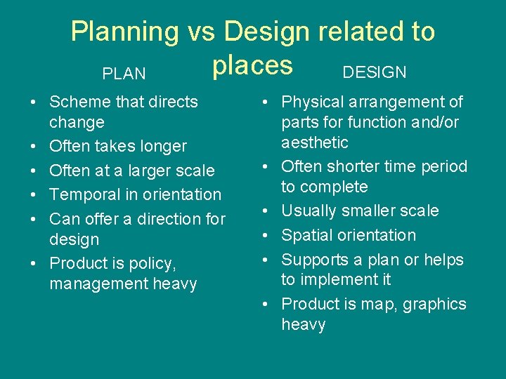 Planning vs Design related to places DESIGN PLAN • Scheme that directs change •