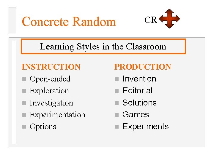 Concrete Random CR Learning Styles in the Classroom INSTRUCTION n Open-ended n Exploration n
