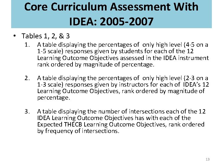 Core Curriculum Assessment With IDEA: 2005 -2007 • Tables 1, 2, & 3 1.