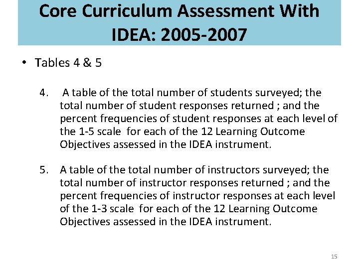 Core Curriculum Assessment With IDEA: 2005 -2007 • Tables 4 & 5 4. A