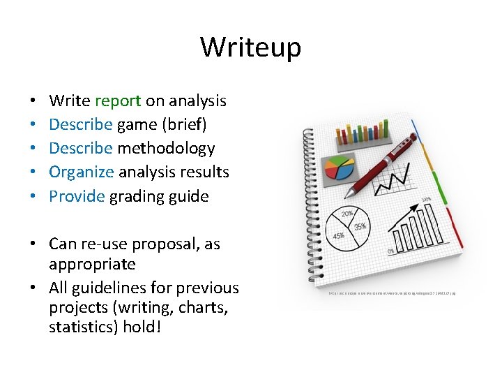 Writeup • • • Write report on analysis Describe game (brief) Describe methodology Organize