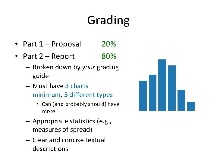 Grading • Part 1 – Proposal • Part 2 – Report 20% 80% –