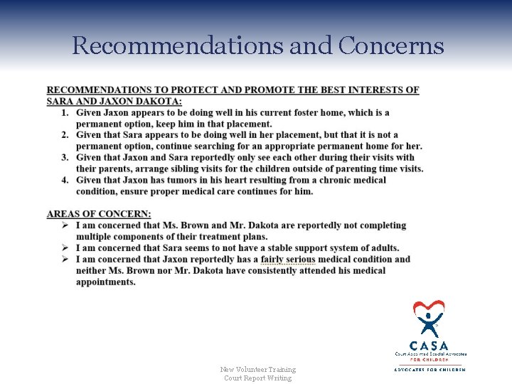 Recommendations and Concerns New Volunteer Training Court Report Writing 
