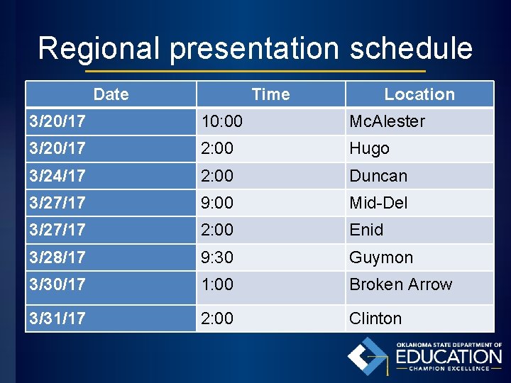 Regional presentation schedule Date Time Location 3/20/17 10: 00 Mc. Alester 3/20/17 2: 00