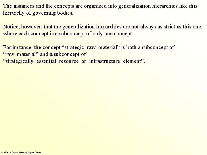 The instances and the concepts are organized into generalization hierarchies like this hierarchy of