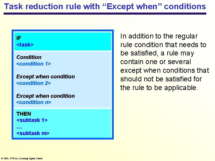 Task reduction rule with “Except when” conditions IF <task> Condition <condition 1> Except when