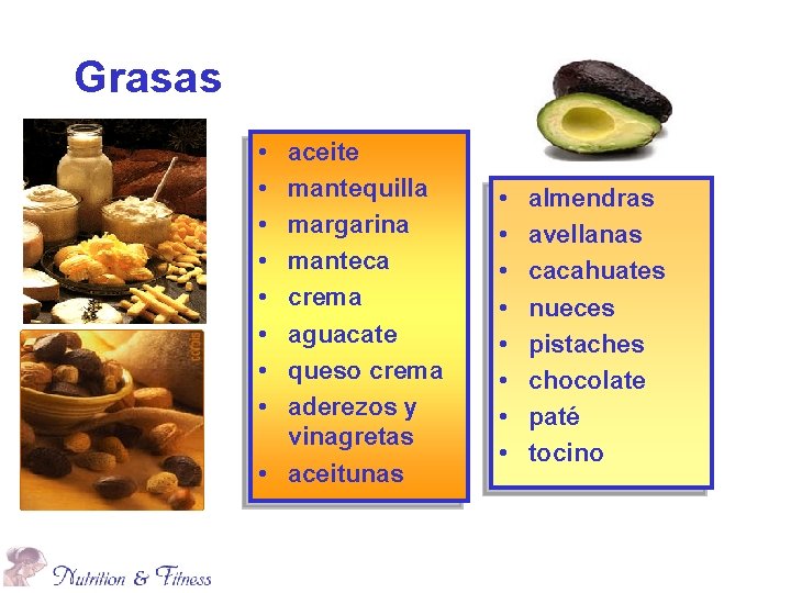 Grasas • • aceite mantequilla margarina manteca crema aguacate queso crema aderezos y vinagretas