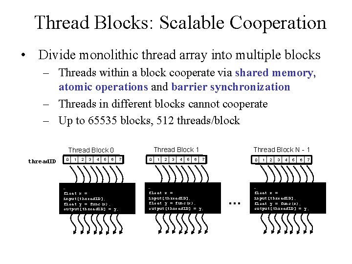 Thread Blocks: Scalable Cooperation • Divide monolithic thread array into multiple blocks – Threads