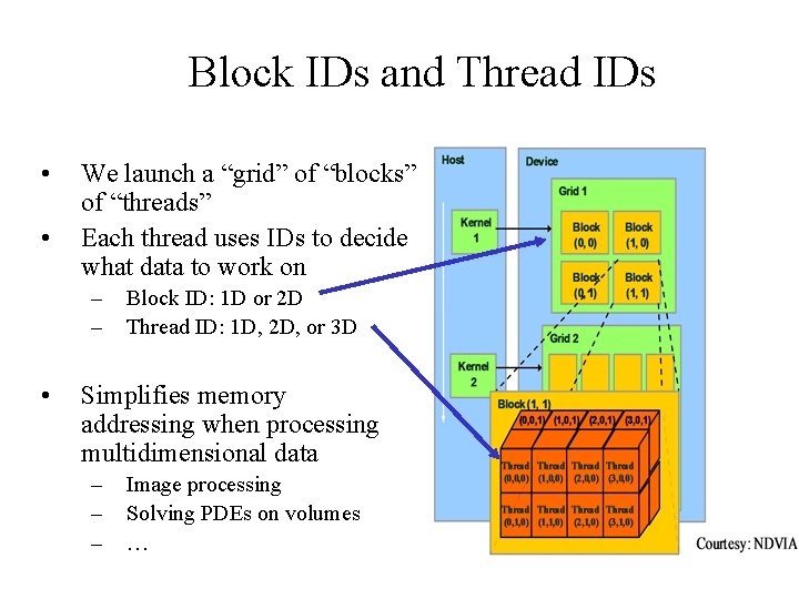 Block IDs and Thread IDs • • We launch a “grid” of “blocks” of