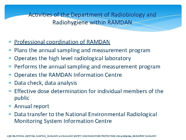 Activities of the Department of Radiobiology and Radiohygiene within RAMDAN Professional coordination of RAMDAN