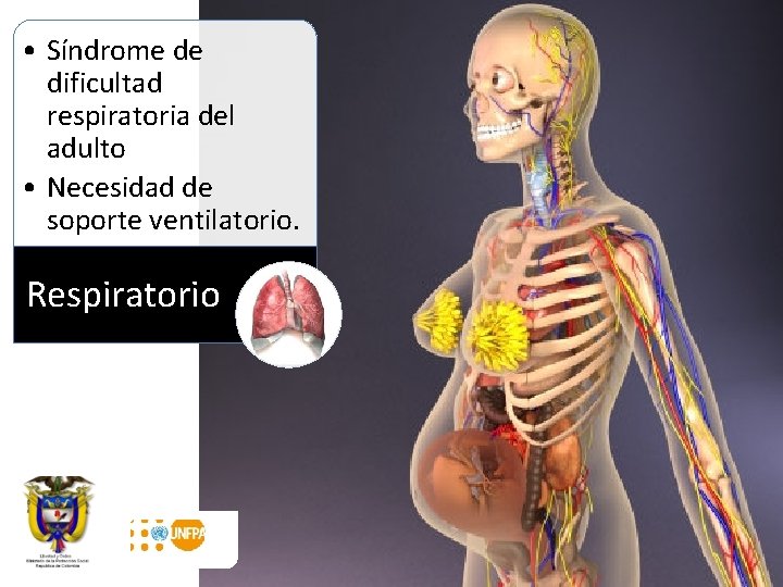  • Síndrome de dificultad respiratoria del adulto • Necesidad de soporte ventilatorio. Respiratorio