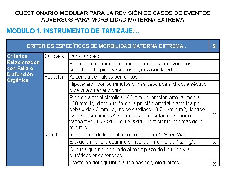 CUESTIONARIO MODULAR PARA LA REVISIÓN DE CASOS DE EVENTOS ADVERSOS PARA MORBILIDAD MATERNA EXTREMA