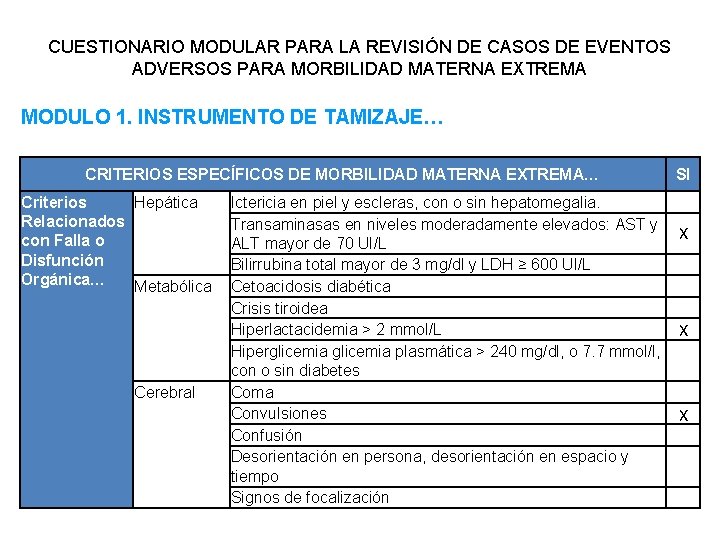 CUESTIONARIO MODULAR PARA LA REVISIÓN DE CASOS DE EVENTOS ADVERSOS PARA MORBILIDAD MATERNA EXTREMA