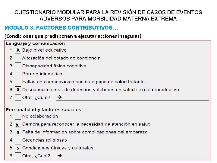 CUESTIONARIO MODULAR PARA LA REVISIÓN DE CASOS DE EVENTOS ADVERSOS PARA MORBILIDAD MATERNA EXTREMA