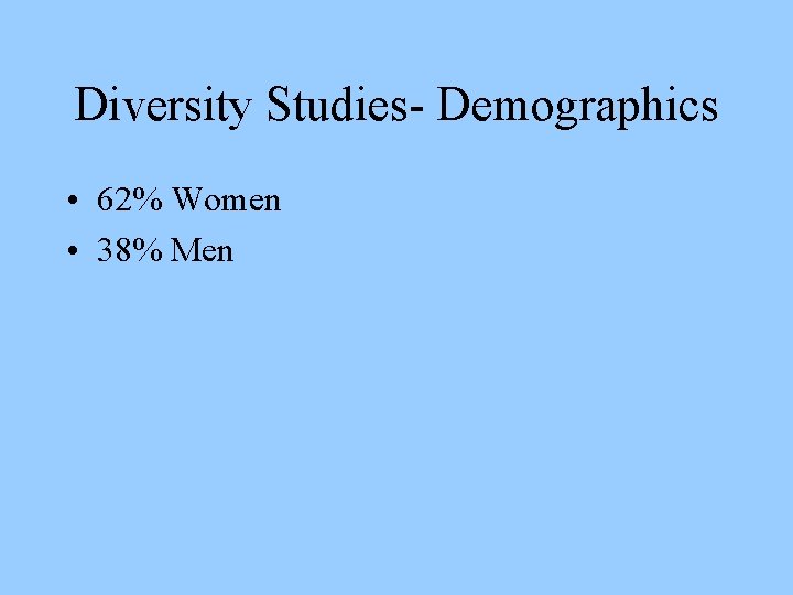 Diversity Studies- Demographics • 62% Women • 38% Men 