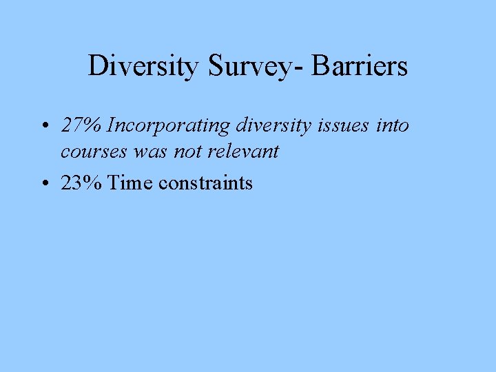 Diversity Survey- Barriers • 27% Incorporating diversity issues into courses was not relevant •