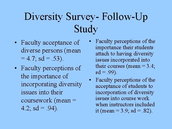 Diversity Survey- Follow-Up Study • Faculty acceptance of diverse persons (mean = 4. 7;