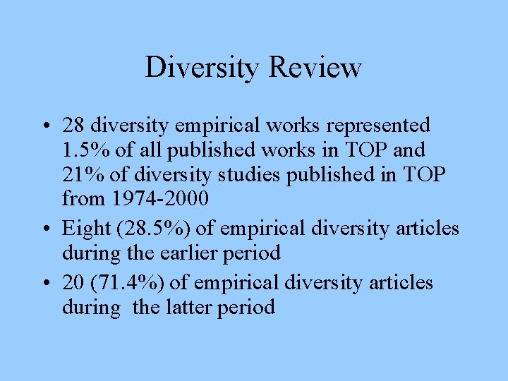 Diversity Review • 28 diversity empirical works represented 1. 5% of all published works