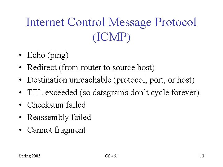 Internet Control Message Protocol (ICMP) • • Echo (ping) Redirect (from router to source