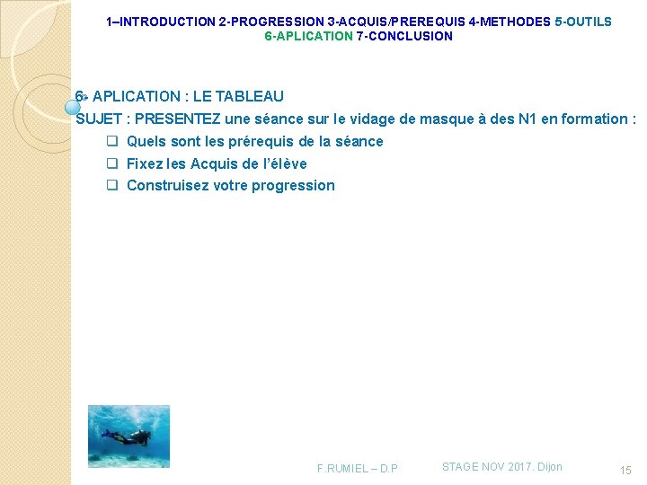 1–INTRODUCTION 2 -PROGRESSION 3 -ACQUIS/PREREQUIS 4 -METHODES 5 -OUTILS 6 -APLICATION 7 -CONCLUSION 6