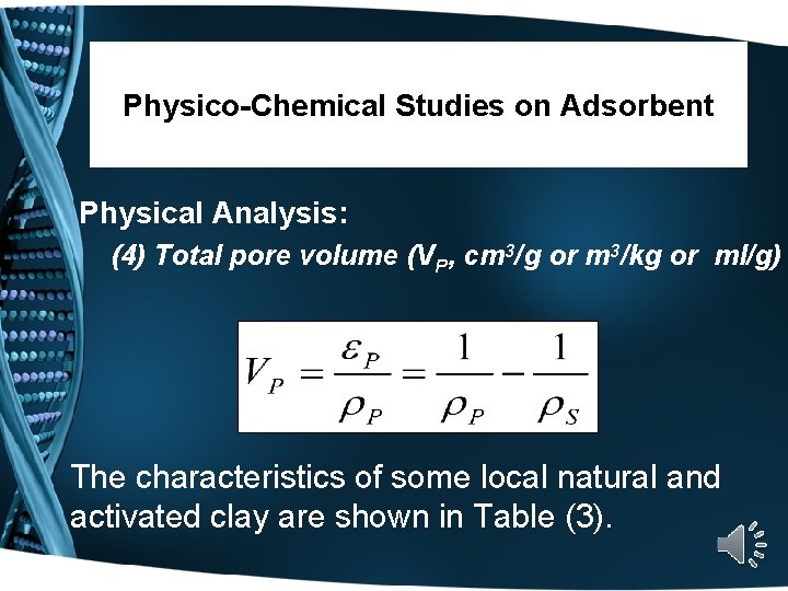 Physico-Chemical Studies on Adsorbent Physical Analysis: (4) Total pore volume (VP, cm 3/g or