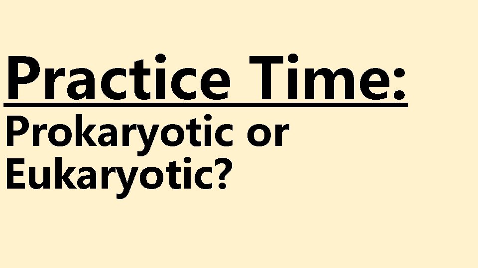 Practice Time: Prokaryotic or Eukaryotic? Practice Time: Prokaryotic or Eukaryotic?