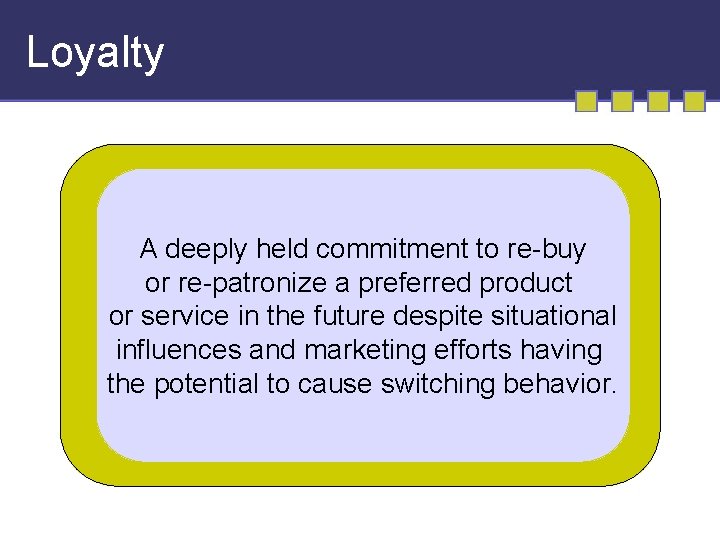 Loyalty A deeply held commitment to re-buy or re-patronize a preferred product or service