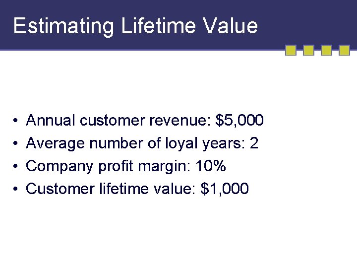 Estimating Lifetime Value • • Annual customer revenue: $5, 000 Average number of loyal