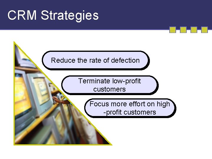 CRM Strategies Reduce the rate of defection Terminate low-profit customers Focus more effort on