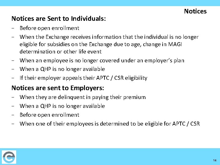 Notices are Sent to Individuals: Notices − Before open enrollment − When the Exchange
