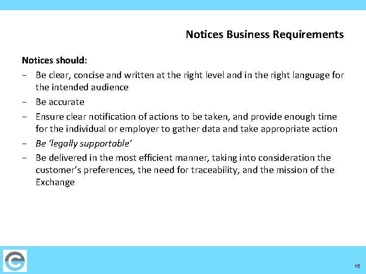 Notices Business Requirements Notices should: − Be clear, concise and written at the right