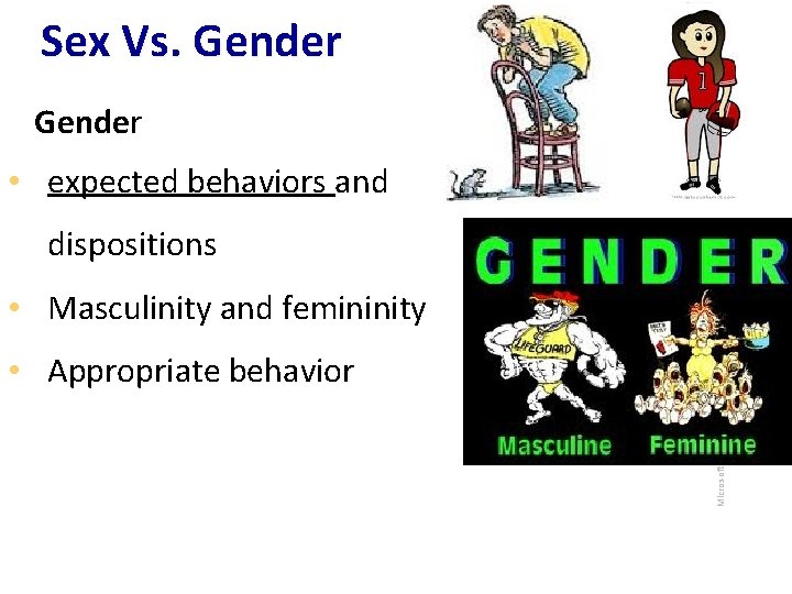 Sex Vs. Gender • expected behaviors and dispositions • Masculinity and femininity Microsoft Images Sex Vs. Gender • expected behaviors and dispositions • Masculinity and femininity Microsoft Images