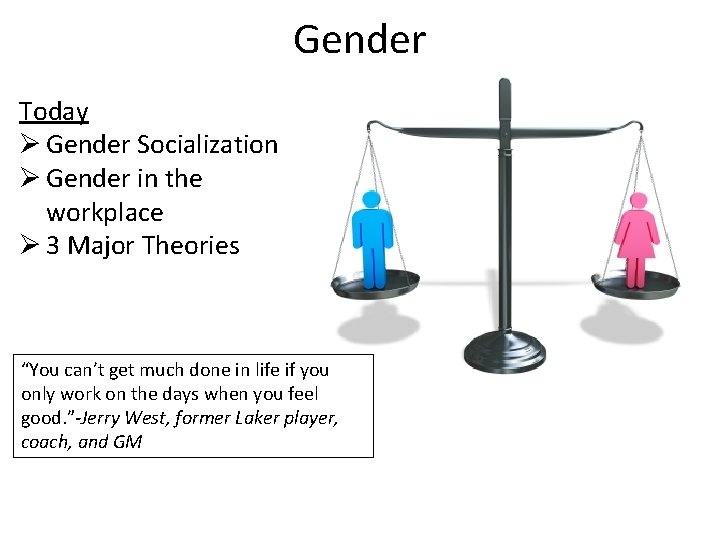Gender Today Ø Gender Socialization Ø Gender in the workplace Ø 3 Major Theories Gender Today Ø Gender Socialization Ø Gender in the workplace Ø 3 Major Theories