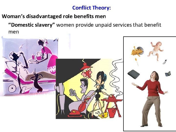 Conflict Theory: Woman’s disadvantaged role benefits men “Domestic slavery” women provide unpaid services that Conflict Theory: Woman’s disadvantaged role benefits men “Domestic slavery” women provide unpaid services that