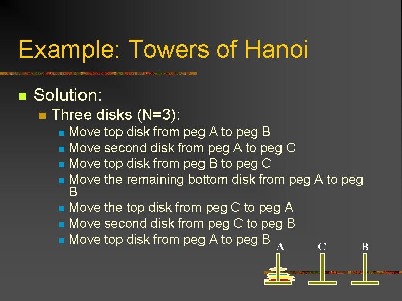 Example: Towers of Hanoi n Solution: n Three disks (N=3): Move top disk from
