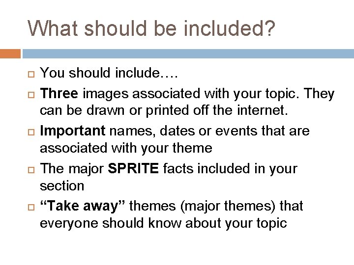 What should be included? You should include…. Three images associated with your topic. They