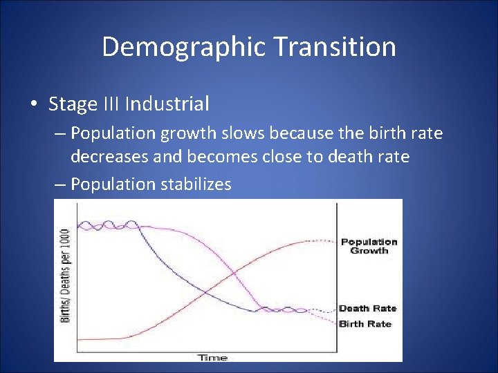 Demographic Transition • Stage III Industrial – Population growth slows because the birth rate