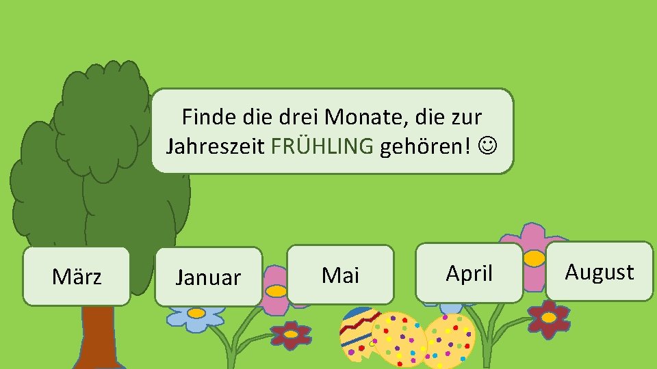 Finde die drei Monate, die zur Jahreszeit FRÜHLING gehören! März Januar Mai April August