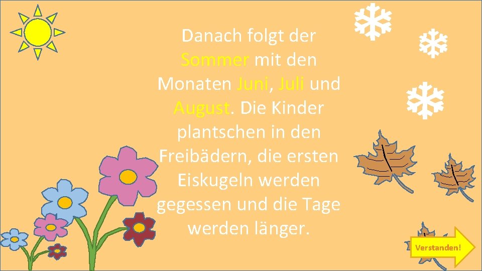 Danach folgt der Sommer mit den Monaten Juni, Juli und August. Die Kinder plantschen