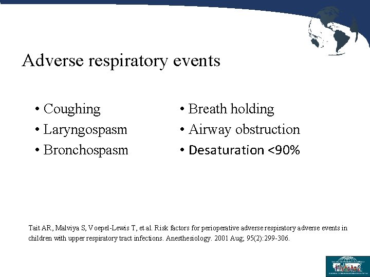 Adverse respiratory events • Coughing • Laryngospasm • Bronchospasm • Breath holding • Airway