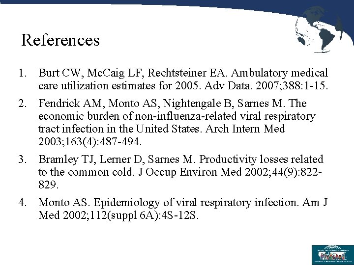 References 1. Burt CW, Mc. Caig LF, Rechtsteiner EA. Ambulatory medical care utilization estimates