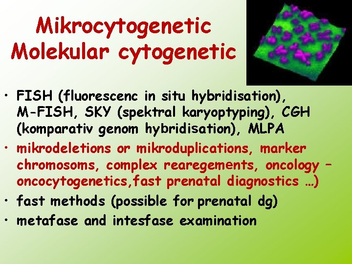 Mikrocytogenetic Molekular cytogenetic • FISH (fluorescenc in situ hybridisation), M-FISH, SKY (spektral karyoptyping), CGH